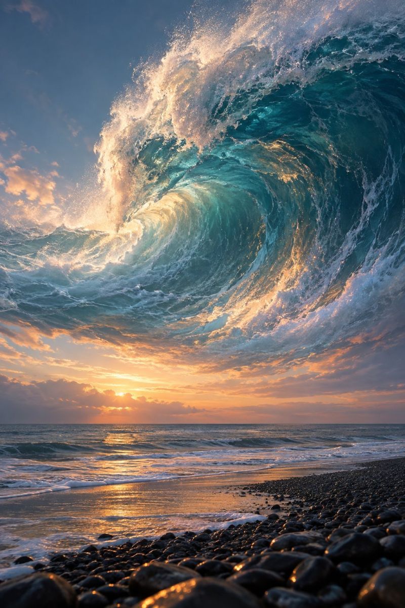Ocean mer eau vague coucher soleil plage ciel nuages reflet horizon nature marin lever rivage rocher Une grosse vague s'écrase sur une plage rocheuse au coucher du soleil. La vague est blanche et mousseuse, avec une couleur bleu foncé en dessous. Le ciel est un mélange de teintes orange et rose, le soleil se couchant à l'horizon. L'eau est calme, avec de petites vagues qui clapotent doucement le rivage. Les rochers de la plage sont sombres et déchiquetés, et le sable est humide et sombre. La scène générale est paisible et sereine, avec un sentiment de tranquillité et de calme.