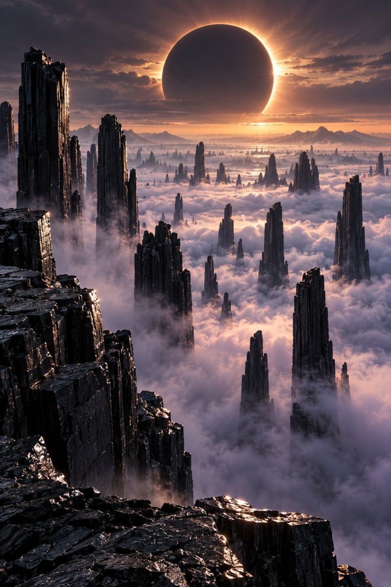 Sky mountain rock cloud sun sunrise sunset horizon fog rocky formation cliff side wall edge surface texture A vast landscape with numerous tall, sharp rock formations rising from a sea of clouds. The sky is a mix of deep purples and oranges, indicating a sunset or sunrise. In the background, a large, dark planet is partially eclipsed by the sun, casting a dramatic shadow over the scene. The clouds are thick and illuminated by the setting sun, creating a mystical and otherworldly atmosphere.