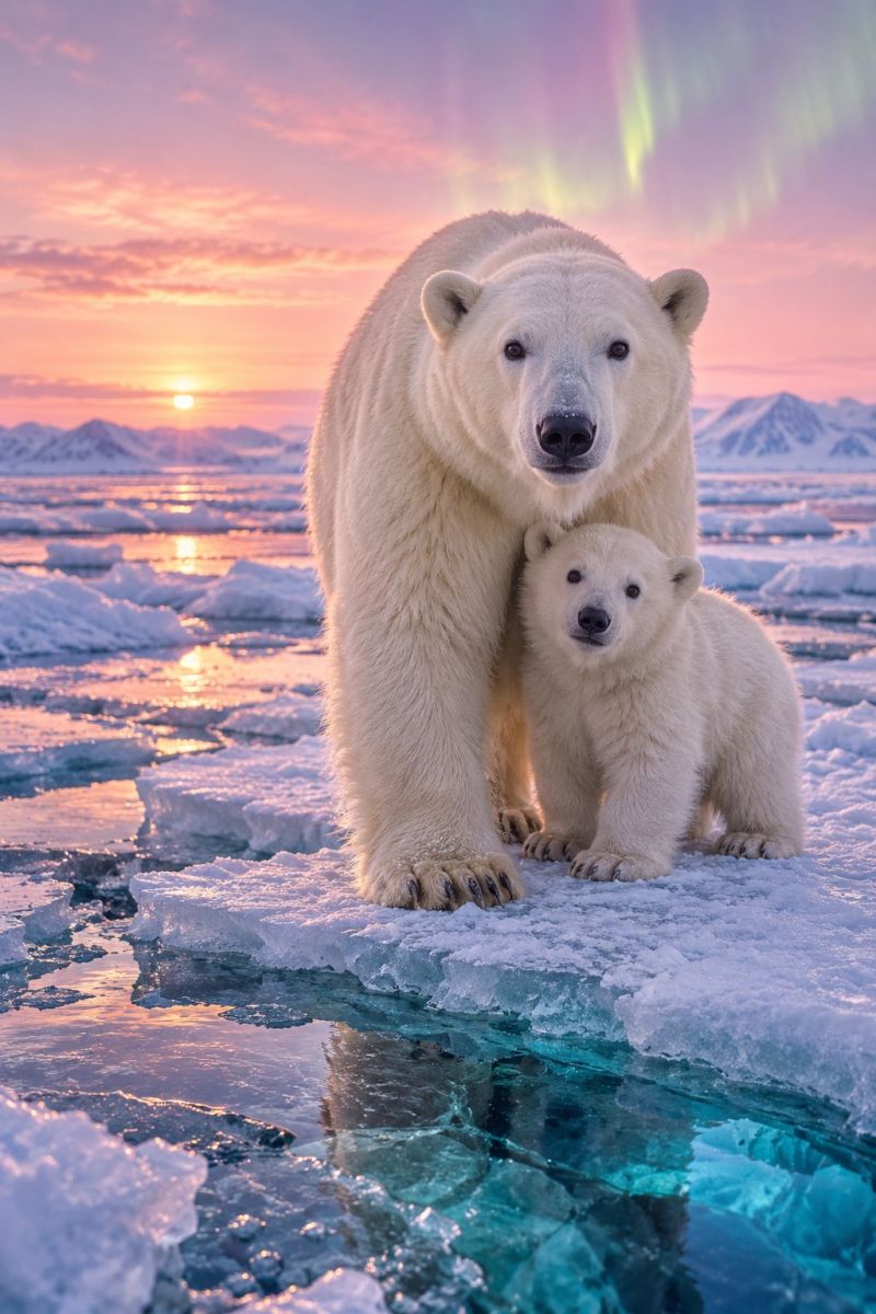 Cub ice sunset wildlife motherhood nature arctic conservation habitat iceberg ocean reflection animal mammal polar bear climate change aurora borealis A polar bear and its cub are standing on a small ice floe in the Arctic. The mother bear is larger and protective, while the cub is smaller and sits close to her. The sky is a mix of pink and purple hues from the setting sun, with the aurora borealis visible in the background. The water is calm, reflecting the colors of the sky and the ice floe. In the distance, there are more ice floes and a silhouette of mountains.