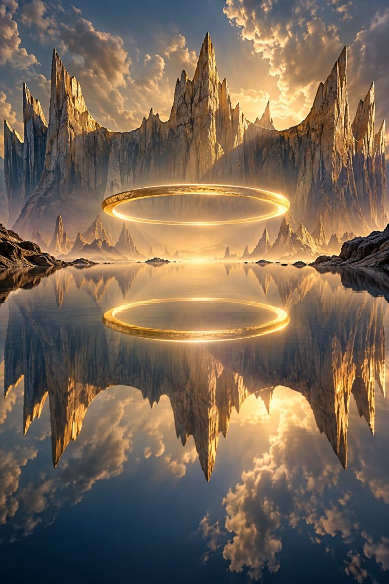 Montagnes ciel reflet eau nuages soleil nature rochers horizon coucher dore ombres roche formation heure il y a un vaste paysage surréaliste avec un grand anneau doré flottant au-dessus d'un plan d'eau serein. L'eau est calme et reflète le ciel et l'anneau, créant un effet miroir. Derrière le ring se trouve une chaîne de montagnes spectaculaire avec des sommets pointus et irréguliers illuminés par une lumière chaude et dorée, probablement due au soleil couchant. Le ciel au-dessus est rempli de nuages doux et duveteux teintés de la même teinte dorée, ce qui ajoute à l'atmosphère éthérée. L'ensemble de la scène a une qualité onirique, mêlant des éléments de fantaisie et de réalité.
