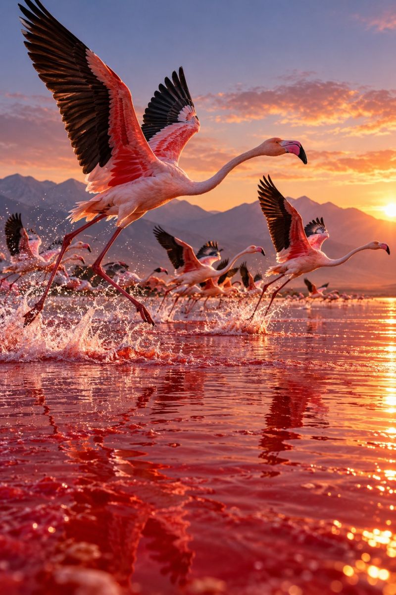 Flamants vol lac pourpre image photographie magnifique prise précise montrant les méfaits sauvage des activités humaines sur la biodiversité sur la flamants vol lac pourpre