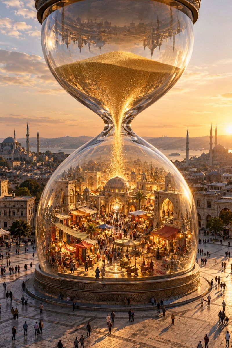 Architecture city cityscape contemporary creativity dome drawing drawings fantasy fictional imagination painting perspective building exterior large hourglass with a golden sand-like substance flowing through it. The hourglass is situated in the middle of a bustling marketplace, with people walking around and engaging in various activities. The marketplace is enclosed within the hourglass, creating a surreal and magical atmosphere. The hourglass is transparent, allowing the viewer to see the bustling market inside. The market is filled with various shops and stalls, with people browsing and shopping. The sky above is a mix of blue and orange hues, indicating the setting sun. In the distance, there are several buildings with dome-shaped roofs, possibly mosques or other religious structures. The overall scene is vibrant and lively, with a sense of wonder and enchantment.