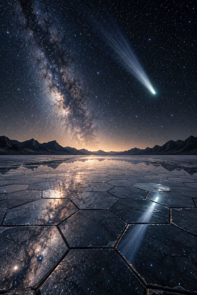 Etoiles comete reflexion desert astronomie celeste nocturne meteore galaxie espace cosmique univers astrophotographie observation nuit ciel voie lacte Un ciel nocturne rempli d'étoiles et une comète brillante à longue queue. La galaxie de la Voie lactée est visible grâce à sa bande d'étoiles distincte. Le ciel est bleu foncé et la lumière de la comète se reflète sur le sol, créant un effet chatoyant. Le sol est recouvert de motifs hexagonaux, peut-être un salar ou un désert. Au loin, on aperçoit des silhouettes de montagnes sous une douce lueur orange provenant du soleil couchant.