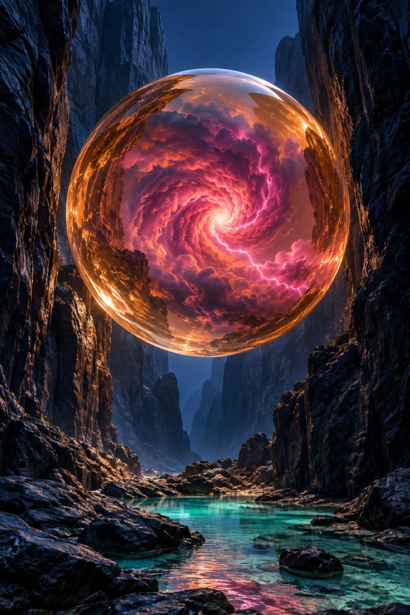 Sphere rock water reflection sky cloud lightning mountain cave rocky cliff shore formation In the center of the image, there is a large, glowing sphere with a swirling, multicolored cloud inside it, resembling a storm. The sphere is surrounded by jagged, rocky cliffs that form a deep, narrow valley. The sky above is dark, and the sphere's light illuminates the area, casting shadows on the rocks. Below the sphere, there is a body of water with a greenish hue, reflecting the colors of the sphere. The water is calm, and there are rocks scattered around it. The overall scene has a surreal and otherworldly feel.