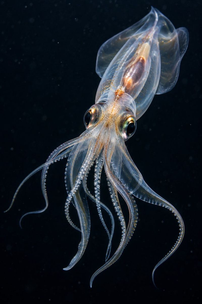 Calmar cephalopode sous marin transparent ocean tentacules oeil bioluminescence nageant predateur nocturne aquatique invertebres faune marine vie mer créature transparente ressemblant à une méduse flottant dans l'eau sombre. Il a une grosse tête ronde et deux grands yeux réfléchissants qui semblent noirs avec une touche dorée. La tête est reliée à un corps segmenté en plusieurs parties, chacune dotée d'une série de tentacules. Ces tentacules sont longs, fins et recouverts de petites ventouses rondes. Le corps de la créature est allongé et se rétrécit vers la fin, les tentacules s'étendant vers l'extérieur en forme d'éventail. Le fond est sombre, sans traits visibles, ce qui souligne la transparence de la créature et les détails complexes de son corps et de ses tentacules.