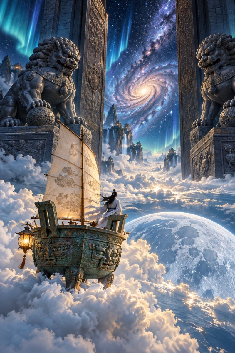 Bateau nuage dragon fantaisie fictionnel galaxie fille imagination lune nuit voile sculpture navire ciel espace statue eau Dans une scène fantastique, une femme est assise sur un bateau décoratif flottant dans les nuages. Le bateau est orné de motifs complexes et possède une grande voile. Elle porte une robe blanche fluide et a de longs cheveux. Le bateau est entouré de nuages, et en dessous, il y a une grande lune. En arrière-plan, il y a deux grandes statues en pierre de lions, chacune tenant une sphère. Le ciel est rempli d'étoiles, et il y a une galaxie visible au loin. La scène se déroule sur fond de montagnes et d'une cascade.