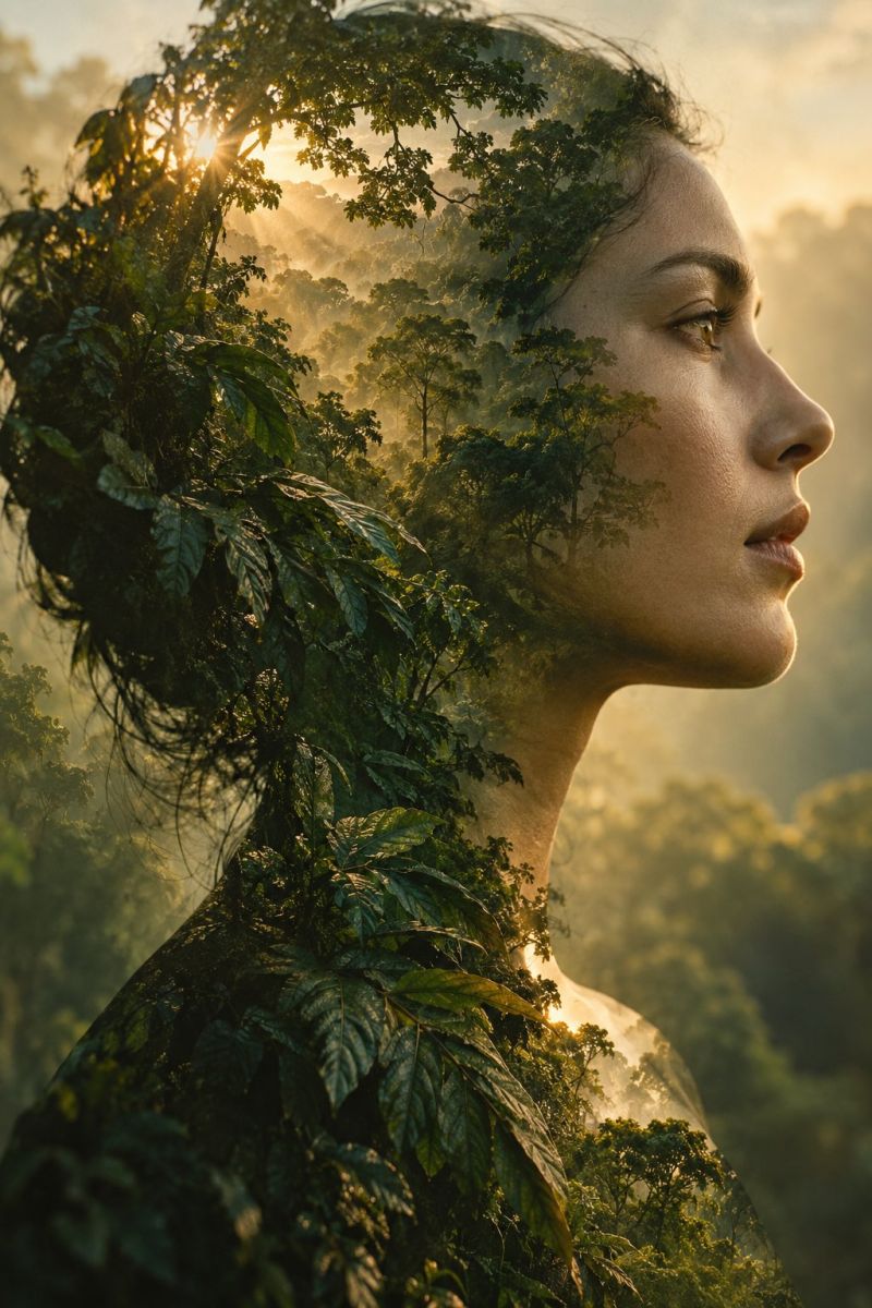 Forest nature sunlight trees sun sunbeams sunny sunrise sunshine rays day weather sky outdoors scenery environment atmosphere mood woman's face partially obscured by lush green foliage, including leaves and branches, creating a surreal and artistic effect. Her face is illuminated by a soft, warm light, possibly from the sun, casting gentle shadows and highlighting her features. The background is a dense forest with a misty, golden light filtering through the trees, suggesting a serene and mystical atmosphere. The overall composition is a blend of natural beauty and artistic expression, with the woman's face seamlessly integrated into the forest environment.