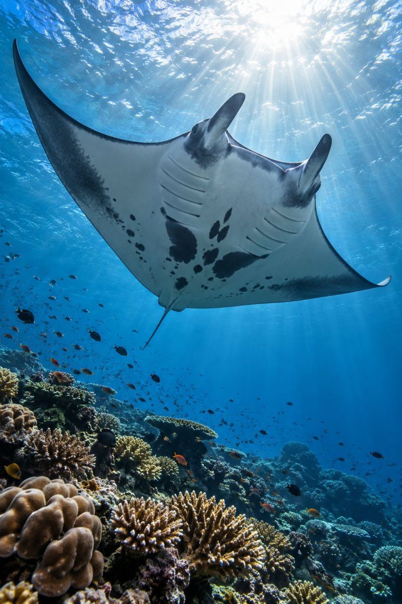 Ocean poissons soleil sous marin tropical mer aquatique recif faune nature corail plongee marine tuba aquarium manta raie vie Une grande raie manta au corps blanc et aux taches noires nage gracieusement dans une eau bleue claire. Ses ailes sont largement déployées et sa tête légèrement tournée sur le côté. L'eau est remplie de petits poissons et le fond de l'océan est recouvert de récifs coralliens éclatants de formes et de couleurs variées. Le soleil brille d'en haut et projette des rayons de lumière dans l'eau.