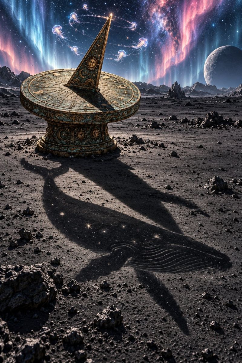 Sundial shadow space astronomy planet universe celestial cosmic cosmology galactic stargazing outer starry night sky In a vast, barren landscape, a sundial stands prominently. The sundial has a circular base with intricate designs and a triangular gnomon on top. The shadow of the gnomon falls sharply on the ground, creating a long, dark silhouette. The ground is rocky and uneven, with scattered stones. The sky above is a deep, dark blue, filled with stars and a large, glowing moon. In the distance, a planet with a pinkish hue and auroras can be seen. The scene is set against a back of a surreal, otherworldly environment.