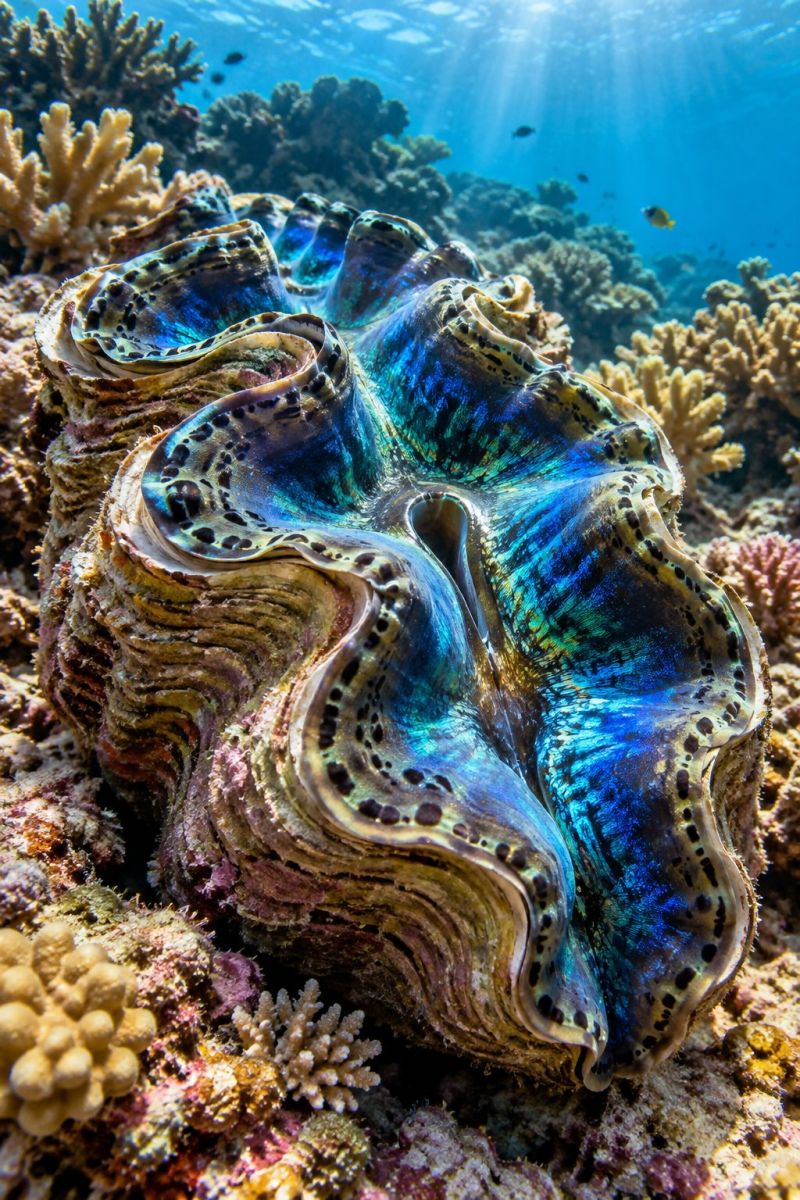 Underwater ocean sea shell mollusk bivalve clam aquatic seashell fish sunlight sunbeam sunshine sun water coral reef marine life rays The image showcases a vibrant underwater scene featuring a large, open clam shell. The clam shell is predominantly blue with a shimmering, iridescent quality, and it has a series of concentric rings that radiate from the center. The shell is adorned with small, dark spots and has a slightly wavy, textured surface. The clam is situated on a colorful coral reef, which is teeming with various types of corals in different shapes and colors, including shades of pink, yellow, and white. The background of the image is a deep blue ocean, with sunlight filtering through, creating a bright and clear environment. Small fish can be seen swimming in the distance, adding to the lively atmosphere of the underwater world.