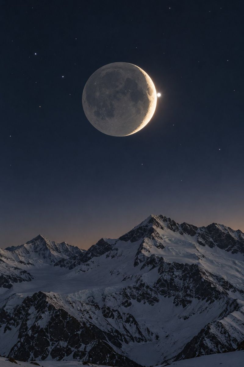Moon night sky mountain snow astronomy star dark space planet celestial outer ight sky with a large, bright moon in the center, partially illuminated by the sun, creating a crescent shape. The moon is surrounded by a few faint stars. Below the moon, there is a range of snow-covered mountains with rugged terrain and steep slopes. The sky is dark blue, and the mountains are silhouetted against the night sky. The scene is serene and majestic, with the moon and stars providing a soft, ethereal glow.