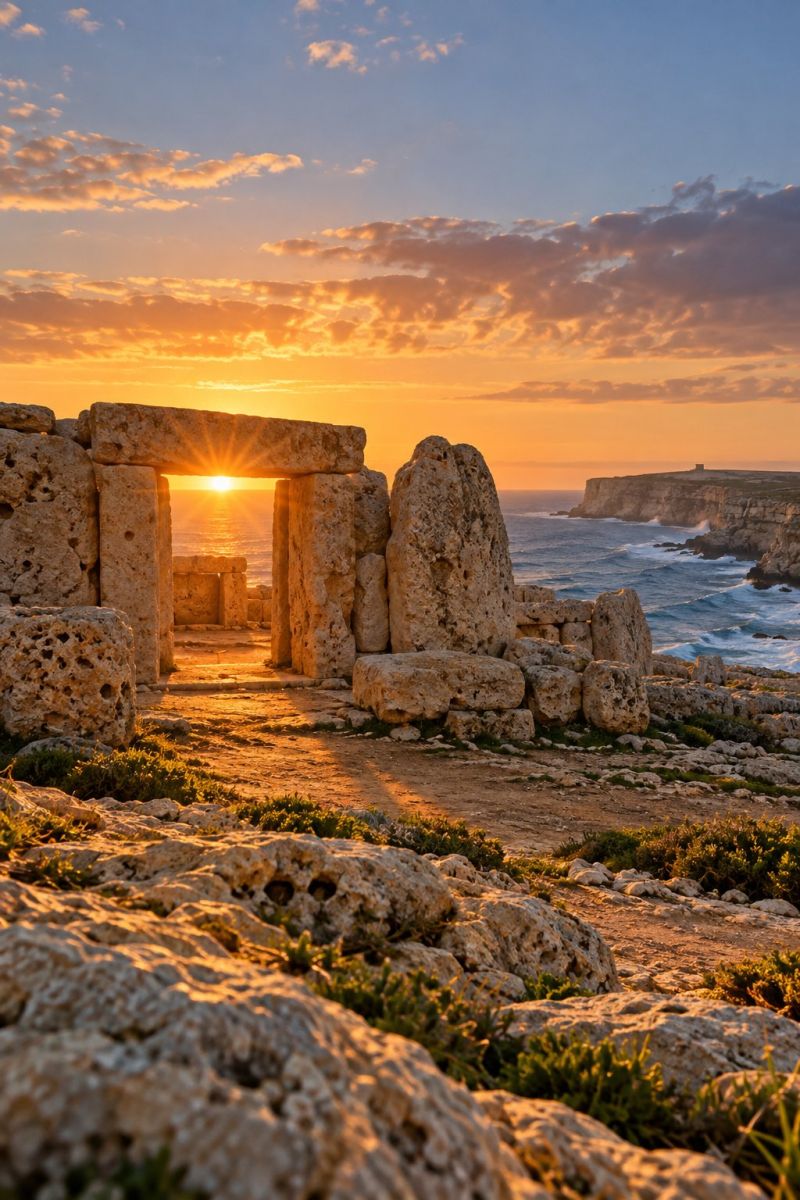 Sunset sun rock stone architecture outdoors nature sky cloud beach sea water cliff mountain hill rocky ancient ruin formation The image captures a breathtaking sunset over a coastal landscape. In the foreground, there is a large, ancient stone structure resembling a doorway or entrance, made of weathered stones with holes and crevices. The sun is setting behind this structure, casting a warm, golden light that illuminates the stones and the surrounding area. The sky is a mix of deep oranges and soft pinks, with scattered clouds adding texture to the scene. To the right, there is a rugged cliff face overlooking the ocean, with waves crashing against the rocks. The ocean stretches out into the distance, reflecting the colors of the sunset. The foreground is rocky, with sparse vegetation adding a touch of green to the scene.