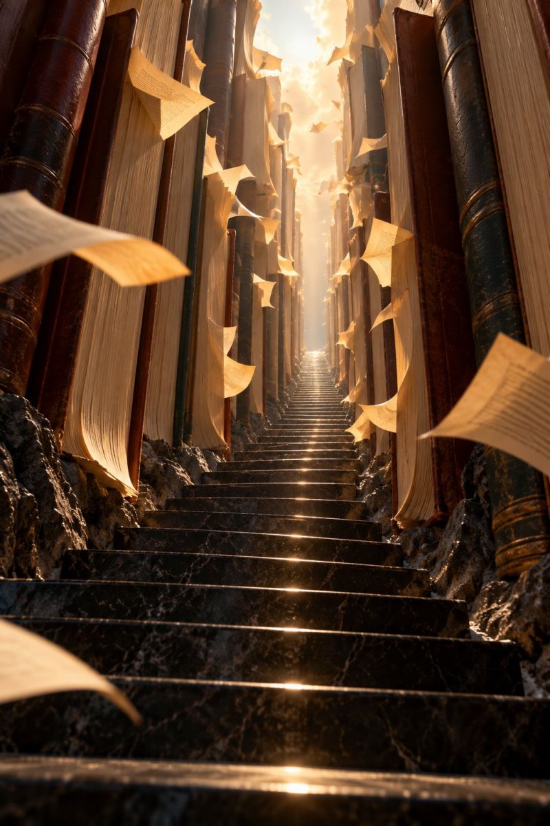 Livres bibliotheque escaliers etageres plus ouvrages ecrits souvent relies comportant pages conserves organises revues Un grand escalier en marbre, menant vers le haut dans une zone lumineuse et ensoleillée. Les marches sont larges et ont une finition polie, reflétant la lumière. De chaque côté de l'escalier, il y a de hautes bibliothèques remplies de vieux livres reliés en cuir. Certaines pages des livres flottent dans l'air, suggérant une douce brise. Les livres sont disposés en rangs bien ordonnés, et les dos des livres sont visibles, indiquant une bibliothèque bien organisée. La lumière du soleil filtre depuis le haut, projetant une lueur chaleureuse sur la scène.