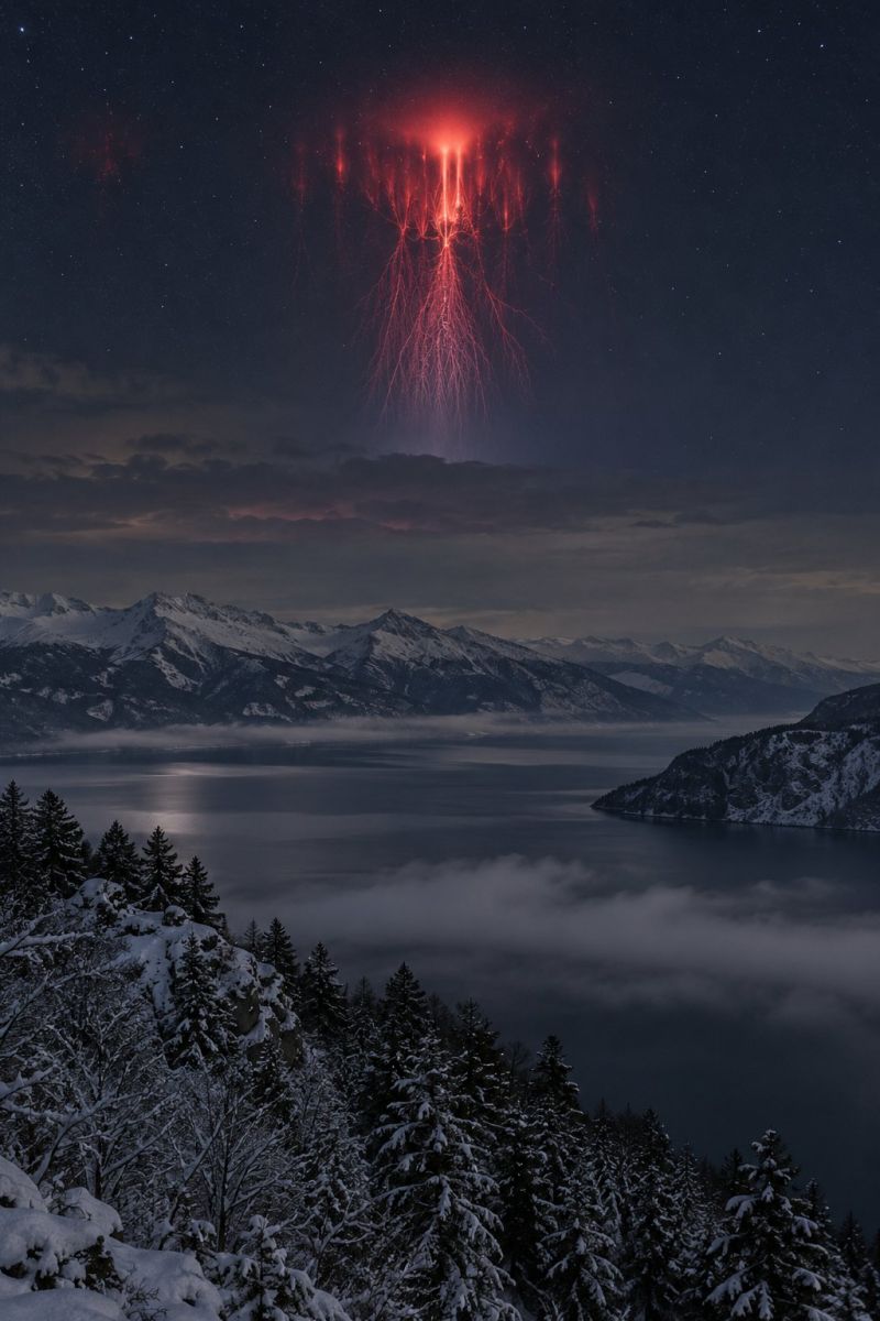 Sprite rouge dessus lac annecy image photographie magnifique prise précise montrant les méfaits sauvage des activités humaines sur la biodiversité sur la sprite rouge dessus lac d annecy