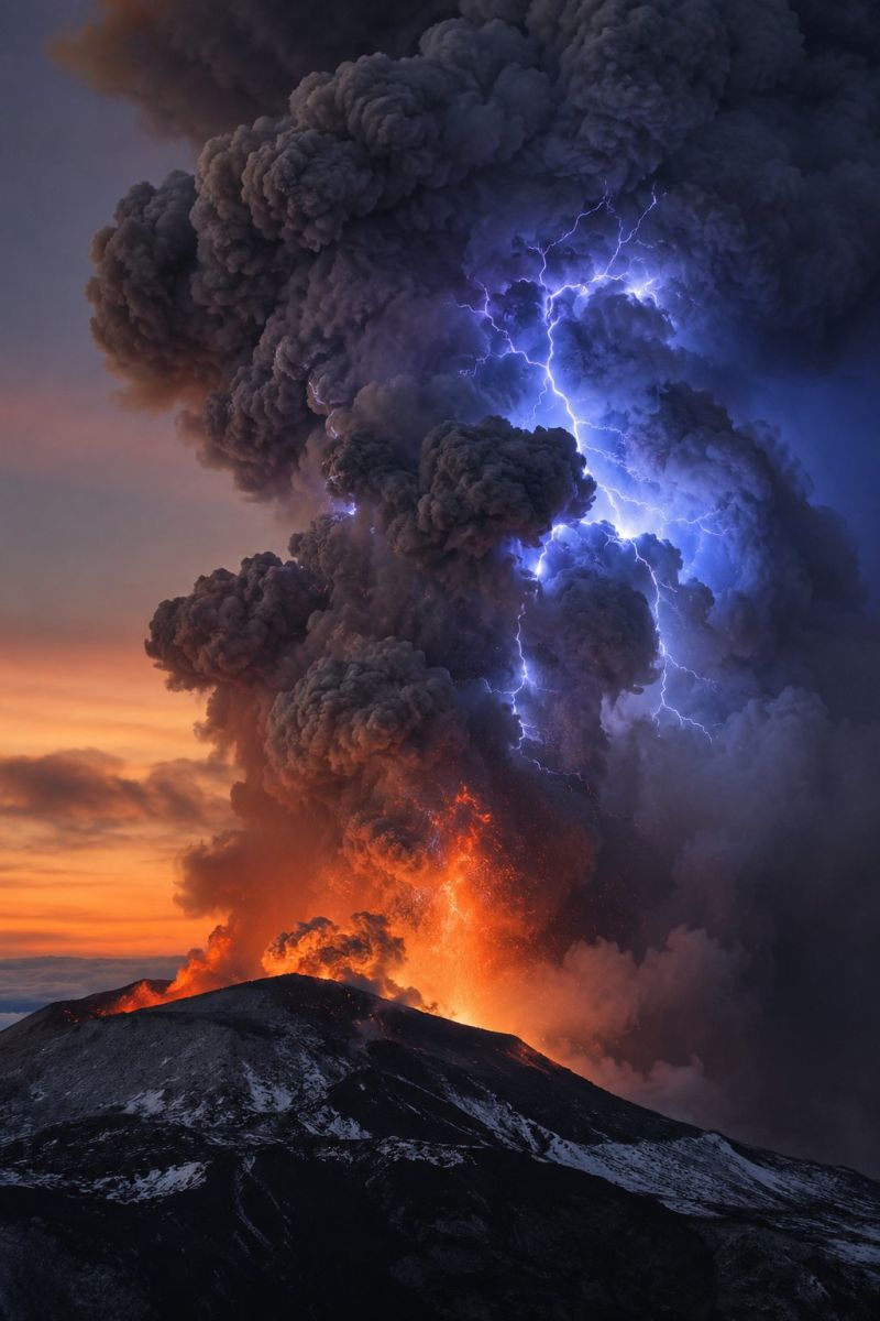Foudre bleue nuage cendres image photographie magnifique prise précise montrant les méfaits sauvage des activités humaines sur la biodiversité sur la foudre bleue nuage cendres