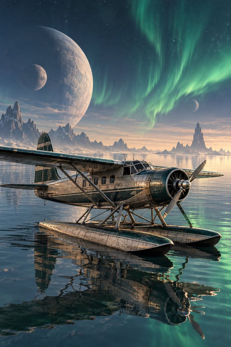 Hydravion eau mer ciel nuit aurore montagnes rochers nord rivage Un hydravion à l'ancienne repose sur l'eau calme et son reflet est visible à la surface. L'avion possède une hélice à l'avant et une partie arrière à l'arrière. Le ciel au-dessus est rempli d'aurores vertes éclatantes, et il y a des corps célestes comme des planètes et des lunes en arrière-plan. La scène se déroule sur fond de montagnes enneigées et de ciel clair et étoilé.