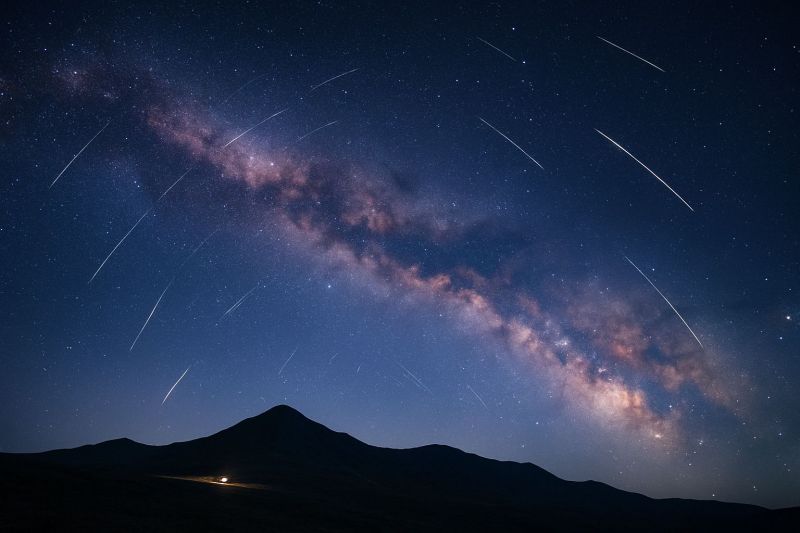 Montagnes astronomie nuit celeste ciel nocturne meteore pluie voie lactee obscurite etoile filante espace Un ciel nocturne rempli d'étoiles et de météores, avec une chaîne de montagnes au premier plan. Le ciel est bleu foncé, et les étoiles sont dispersées partout. Les météores traversent le ciel, laissant des traînées de lumière derrière eux. La chaîne de montagnes est en silhouette contre le ciel, et il y a une petite lumière au loin, possiblement d'un véhicule. Le ciel est illuminé par la lumière des étoiles et des météores, créant une scène belle et sereine.