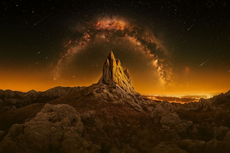 Mountain sky night rock rocky hill stone mountains cliff wilderness peak range vast, rocky landscape under a night sky filled with stars. In the center, a prominent, jagged rock formation rises, casting a shadow on the ground below. The sky is a deep, dark blue, with a bright, glowing Milky Way arching across the top, its stars forming a luminous band. The horizon is tinged with a warm, orange glow, suggesting the presence of a distant light source, possibly a city or a natural phenomenon. The foreground is rocky and uneven, with smaller stones and boulders scattered about. The overall scene is serene and majestic, evoking a sense of awe and wonder.