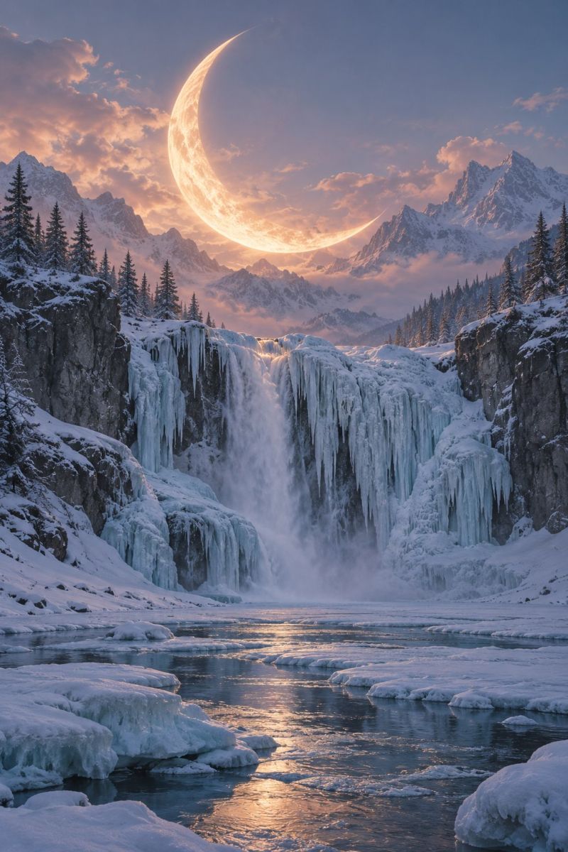 Montagne eau neige glace riviere nature ciel nuage roche soleil reflexion cascade hiver arbre gel aire repartition formation paysage hivernal serein avec une majestueuse cascade dévalant une falaise rocheuse partiellement gelée. La cascade est entourée de rochers et d'arbres enneigés, la neige s'étendant au premier plan. Le ciel est d'un bleu profond, avec un grand croissant de lune brillant suspendu bas, projetant une douce lumière dorée sur la scène. La lumière de la lune se reflète sur l'eau, créant un effet chatoyant. À l'arrière-plan, des montagnes enneigées s'élèvent, dont les sommets sont partiellement masqués par les nuages. L'atmosphère générale est tranquille et magique, le clair de lune mettant en valeur le pays des merveilles de l'hiver.