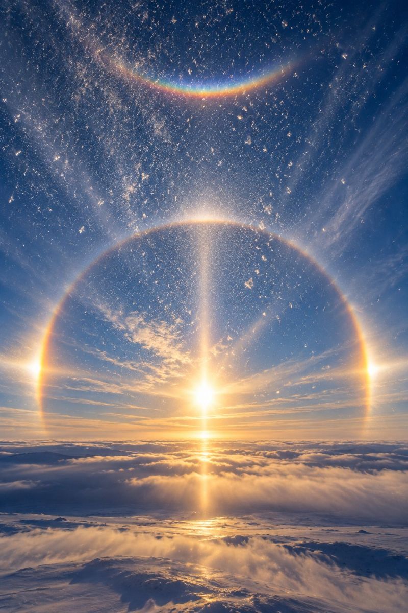 Sky sun clouds rainbow atmosphere horizon weather nature daytime brightness reflection breathtaking aerial view of a snowy landscape under a clear blue sky. At the center, the sun is shining brightly, creating a circular halo effect around it, known as a circumzenithal arc. This halo is a rainbow-like arc that appears when sunlight is refracted by ice crystals in the atmosphere. The sky is dotted with tiny ice crystals, adding a sparkling effect. Below the halo, the sun's rays cast a warm glow on the clouds and the snowy terrain. The clouds are fluffy and scattered, with some appearing darker, indicating the presence of deeper clouds. The snow-covered ground is vast and stretches out to the horizon, with a few distant mountain peaks visible. The overall scene is serene and majestic, capturing the beauty of nature in a high-altitude winter landscape.