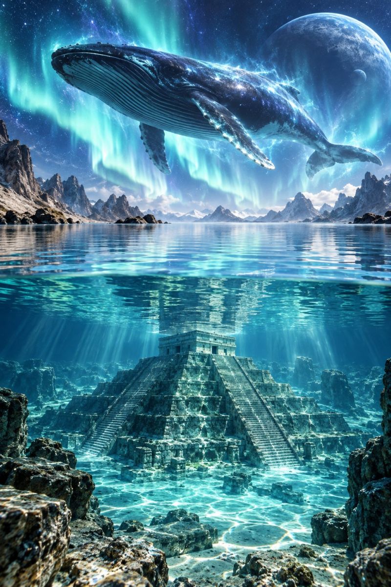 Ocean eau sous marin architecture batiment structure temple pierre rocher montagne ciel nuit aurore reflet etoile planete lune baleine fantaisie Une grande baleine à bosse saute hors de l'eau, son corps illuminé par les teintes vertes des aurores boréales dans le ciel. La queue et une partie du corps de la baleine sont visibles au-dessus de l'eau, tandis que son ventre est immergé. L'eau en contrebas est claire, révélant une ancienne structure en forme de pyramide submergée dont les marches mènent à une plate-forme centrale. La pyramide est entourée de rochers et est partiellement recouverte par l'eau. Le ciel est rempli d'étoiles et une grande planète ou lune est visible en arrière-plan, avec une lune ou un satellite plus petit en orbite autour d'elle. La scène se déroule sur fond de montagnes et de ciel dégagé.