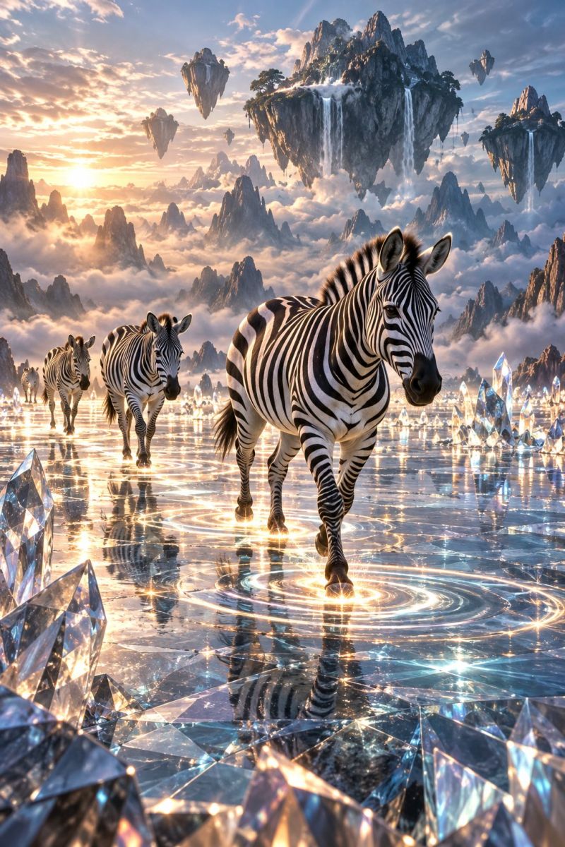 Zebra animal wildlife nature mountain water crystal ice reflection sun sky cloud rock waterfall island fantasy In a surreal landscape, a group of zebras with sleek black and white stripes walk gracefully across a shimmering, reflective surface. The zebras are surrounded by large, clear crystal formations that catch the light, creating a sparkling effect. Behind them, floating rock formations with waterfalls cascading down create a mystical backdrop. The sky above is a blend of warm sunset hues and soft, fluffy clouds, adding to the dreamlike quality of the scene.