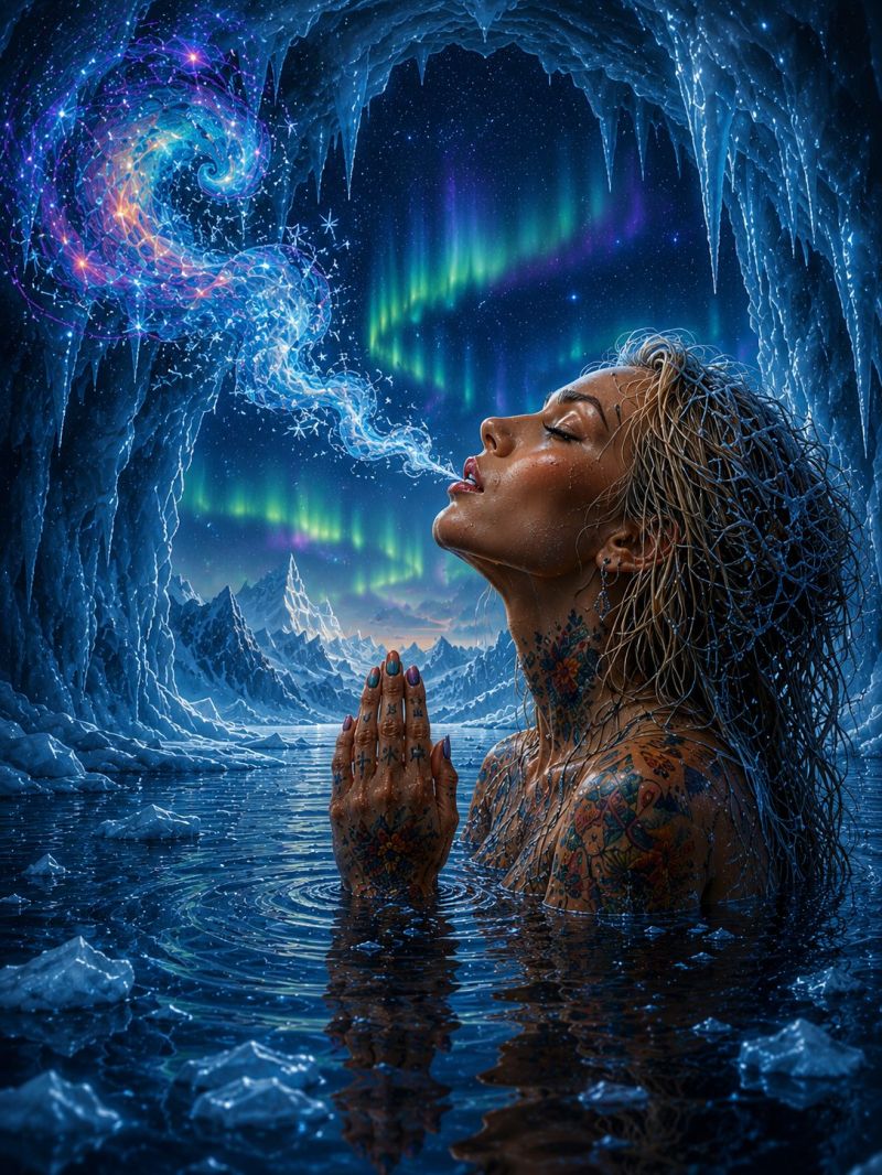 Femme eau tatouages glace grotte fantaisie imagination reve meditation spiritualite nature beaute inspiration creativite exploration aventure liberte Une femme aux cheveux longs et mouillés, tatouée sur les bras et les épaules, est immergée dans l'eau glacée, la tête inclinée vers le haut. Elle semble expirer une brume qui forme une spirale, éclairée par une lumière multicolore vibrante. La scène se déroule dans une grotte où des stalactites pendent du plafond, et le ciel au-dessus est rempli d'Aurores Boréales, projetant une lueur magique sur le paysage glacé. L'eau est claire, reflétant les lumières et la silhouette de la femme, tandis que l'arrière-plan montre une chaîne de montagnes enneigées sous un ciel étoilé.