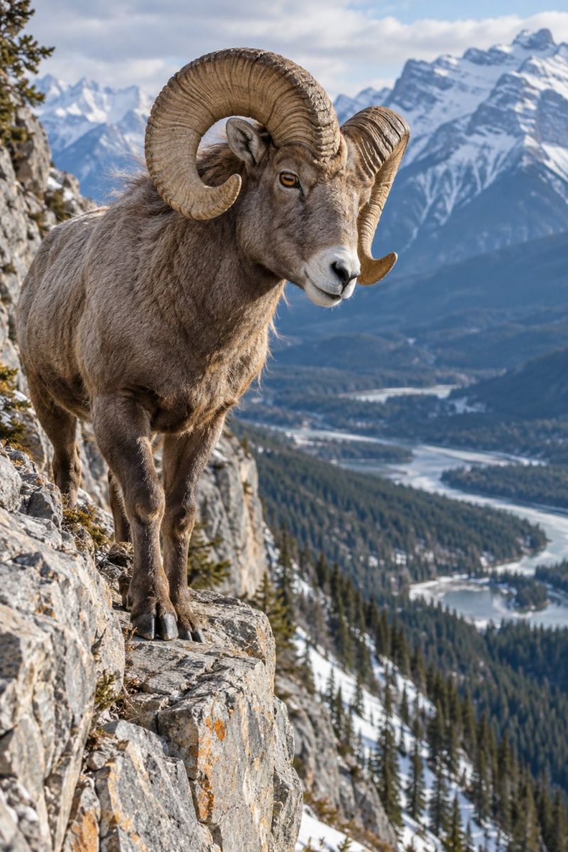 Animal wildlife mountain nature outdoors rock cliff valley river forest snow sky cloud sunlight horn mammal sheep ram rocky A ram stands on a rocky cliff, facing left with its head slightly turned to the right. It has a thick, curved horn on each side of its head, and its fur is a mix of brown and white. The ram's eyes are yellow, and it has a white patch on its face. Behind the ram, there is a vast landscape with snow-capped mountains, a river, and a forest of pine trees. The sky is cloudy.