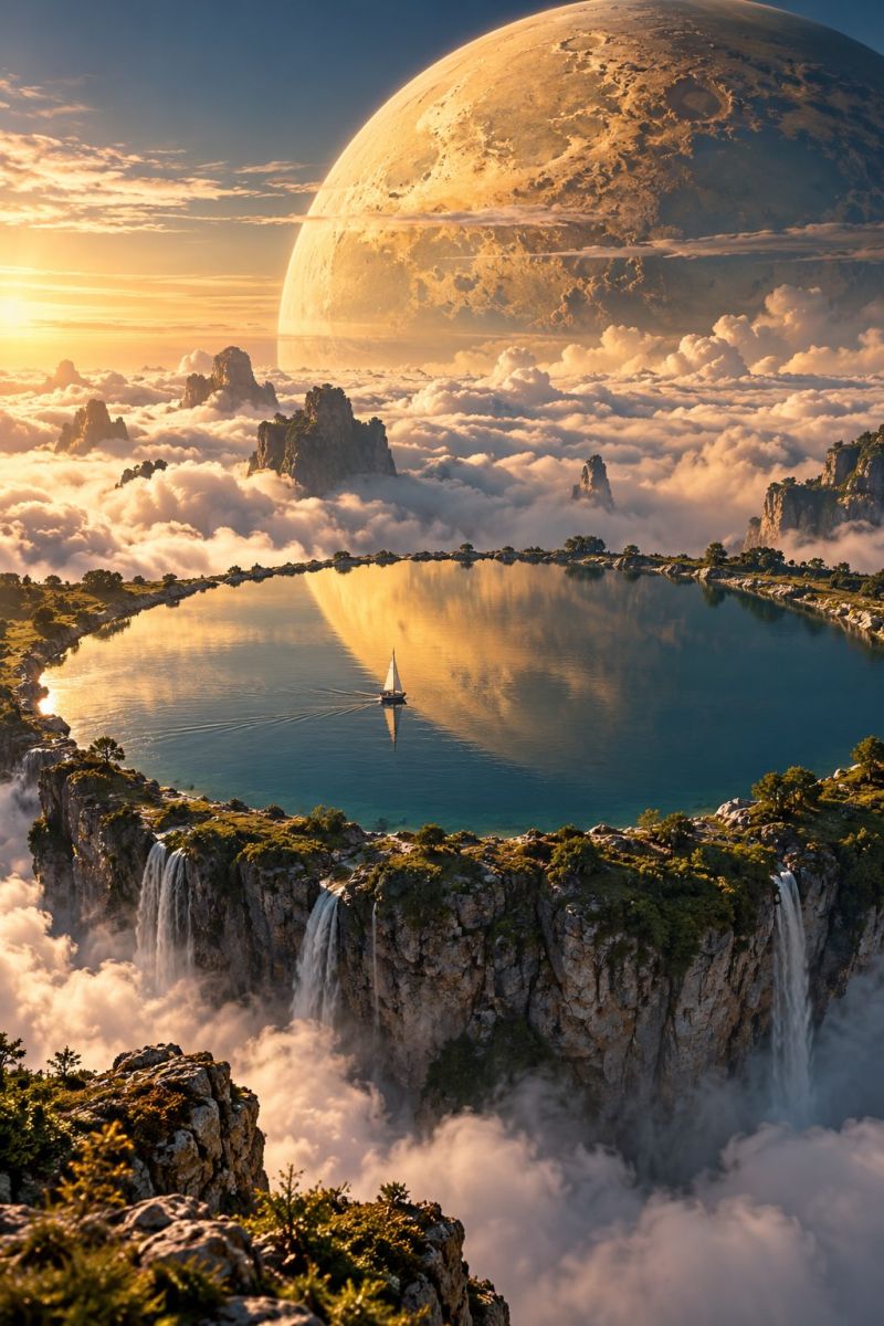 Lac eau ciel nuage montagne rocher soleil lever coucher reflet bateau voile voilier nature horizon brouillard Une scène sereine met en scène un petit voilier qui glisse sur un lac tranquille, entouré d'une végétation luxuriante et de falaises rocheuses. Des cascades descendent des falaises pour se jeter dans le lac, tandis que de la brume s'élève de l'eau. Le lac est entouré d'un anneau de nuages et, à l'arrière-plan, une planète massive avec une teinte dorée et quelques cratères est visible sur fond de soleil couchant. Le ciel est un mélange de teintes orange et bleu, avec des nuages épars.