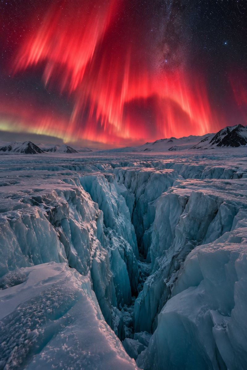 Glacier ice iceberg iceland icelandic breathtaking night scene featuring a vast, icy landscape. In the foreground, there is a deep, narrow crevasse in a glacier, with jagged ice walls rising on either side. The ice is a pale blue, reflecting the faint light from the sky. Above, the sky is a deep, dark blue, dotted with stars. The most striking feature is the aurora borealis, or northern lights, which fill the sky with vibrant colors. The lights are predominantly red, with hints of green and yellow, creating a dynamic and colorful display. The auroras stretch across the sky in sweeping, wavy patterns, adding a sense of movement and magic to the scene. In the distance, there are silhouettes of mountains, their peaks dusted with snow, completing the serene and awe-inspiring landscape.