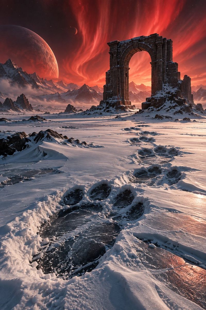 Neige montagne rocher ciel planete nuage glace empreinte pas patte pattes Au premier plan, de grandes empreintes de pattes dans la neige mènent à un affleurement rocheux. La neige est épaisse et blanche, recouvrant le sol et les rochers. Derrière les empreintes de pattes se trouve une grande arche en pierre, partiellement recouverte de neige. L'arche est située sur une colline rocheuse entourée de rochers et de neige. À l'arrière-plan, il y a une grande planète avec un ciel rouge et une planète plus petite ou une lune au loin. Le ciel est rempli de nuages rouges tourbillonnants et la scène générale dégage une atmosphère surréaliste et surnaturelle.