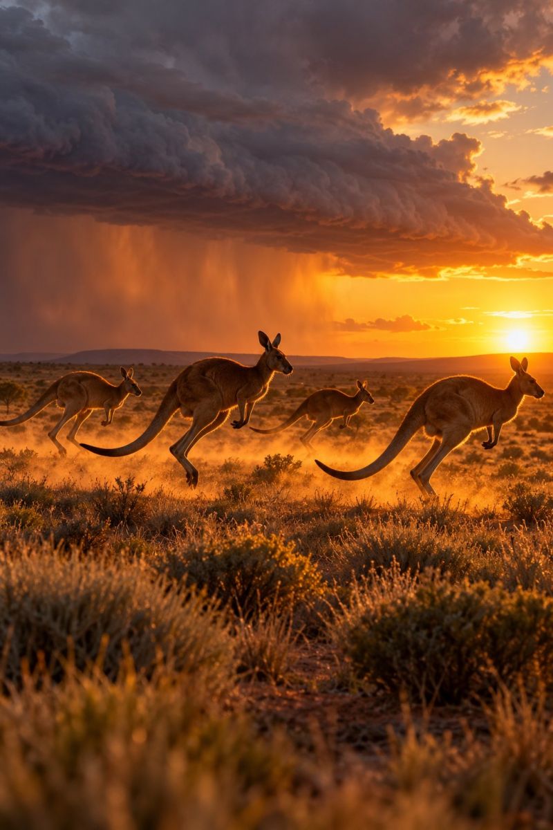 Kangourou faune coucher soleil prairie saut nature air animal mammifere ciel nuages crepuscule horizon automne australasie australie conservation sanc Un groupe de kangourous saute dans un champ d'herbe au coucher du soleil. Les kangourous franchissent différentes étapes de leurs sauts, avec leur longue queue et leurs puissantes pattes postérieures étendues derrière eux. Le ciel est un mélange de teintes orange et gris, indiquant le soleil couchant. Le sol est recouvert d'une végétation clairsemée et les ombres des kangourous sont projetées sur le sol. Au loin, des silhouettes de collines ou de montagnes apparaissent sous un ciel partiellement nuageux.