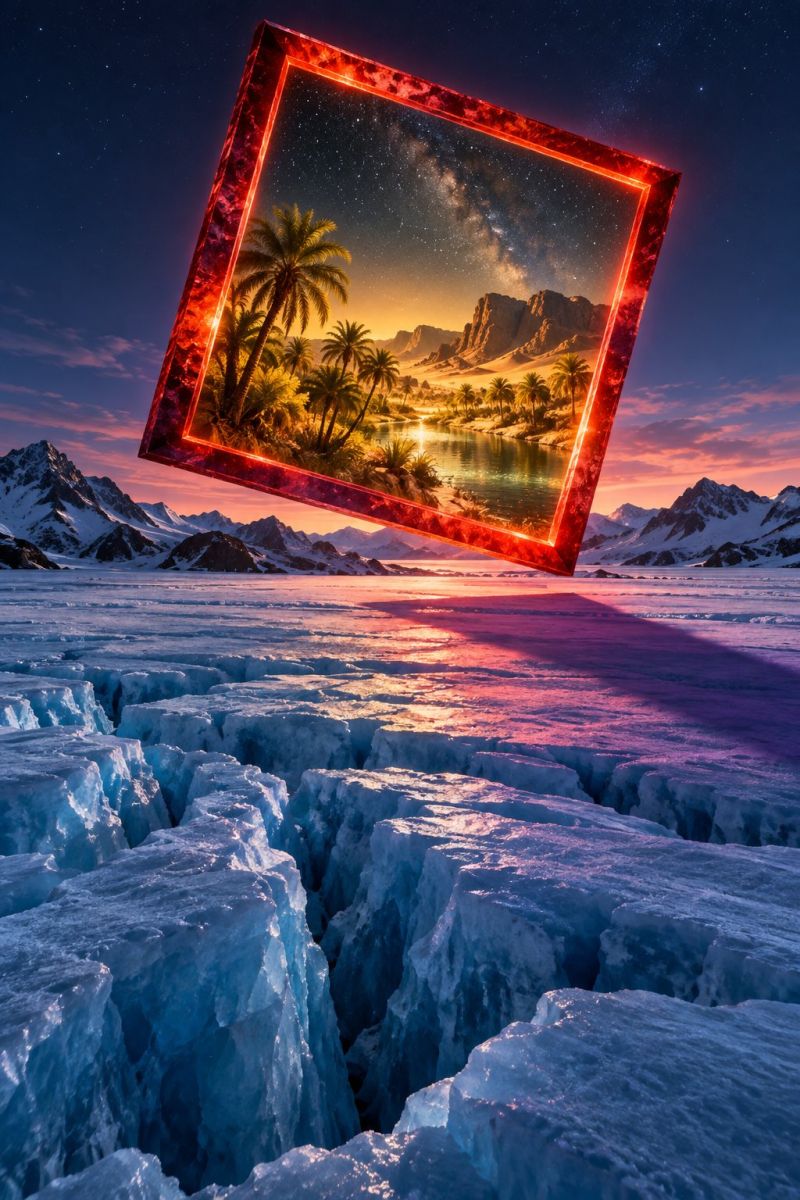 Cadre nuit ciel montagne lac eau reflet coucher soleil nuage sable roche desert glace glacier fissure iceberg islande islandais palmier arbre Un cadre carré rouge flottant présente une scène de plage sereine avec des palmiers et une rivière sous un ciel étoilé. Le cadre projette une ombre sur la surface glacée située en dessous, qui fait partie d'un vaste glacier. Le ciel passe du bleu au rose et au violet, indiquant un coucher de soleil. Le glacier est fissuré et fragmenté, avec une couleur bleu foncé. L'arrière-plan présente des montagnes enneigées sous un ciel bleu clair.