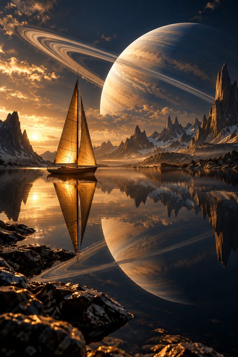 Bateau eau reflet ciel montagne rocher mer soleil nuage horizon coucher lever nature air jour Un voilier navigue sur un plan d'eau calme, reflétant le ciel et le paysage environnant. Le voilier a un grand mât avec une voile triangulaire. L'eau reflète le ciel, les nuages et le voilier. En arrière-plan, il y a une grande planète avec des anneaux, peut-être Saturne, et une chaîne de montagnes recouverte de neige. Le ciel est bleu avec quelques nuages et le soleil se couche, projetant une lueur chaude sur la scène.