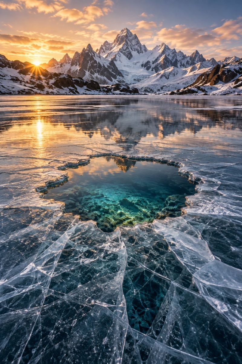 Montagnes coucher soleil lac glace reflet eau ciel nuages neige nature air beaute horizon hiver froid glacial gele scène sereine et pittoresque d'un lac gelé avec un trou en forme de coeur dans la glace, entouré d'une vaste étendue de montagnes enneigées. Le soleil se couche à l'horizon, projetant une lueur chaude et dorée dans le ciel et se reflétant sur l'eau, créant un effet de miroir. L'eau du trou est d'un bleu profond et clair, contrastant avec la glace blanche et la neige. Les montagnes en arrière-plan sont accidentées et majestueuses, avec des sommets enneigés et des affleurements rocheux. Le ciel est un mélange de roses doux, d'oranges et de bleus, indiquant la transition entre le jour et la nuit. L'atmosphère générale est tranquille et impressionnante, capturant la beauté de la nature dans un paysage gelé.