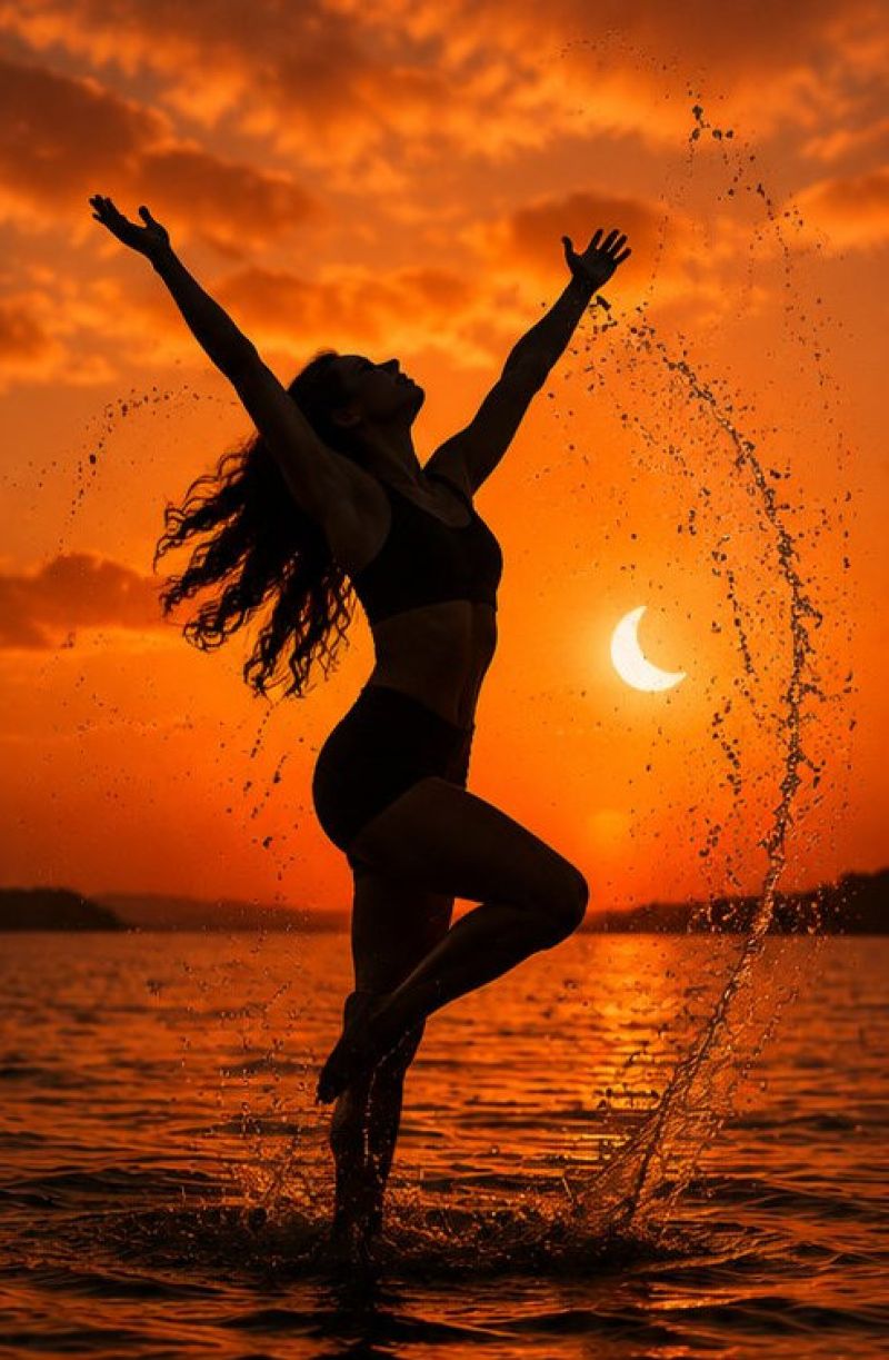 Femme eau coucher soleil ocean mer eclaboussure liberte creativite beaute nature Une femme se tient dans l'eau, les bras levés et les jambes écartées, créant une éclaboussure. Elle porte un bikini noir. L'eau est calme, et le ciel est peint de teintes chaudes orangées et roses du soleil couchant. La lune est visible dans le ciel, partiellement couverte par des nuages. La scène se déroule sur fond d'un océan serein et d'une silhouette lointaine d'une île.