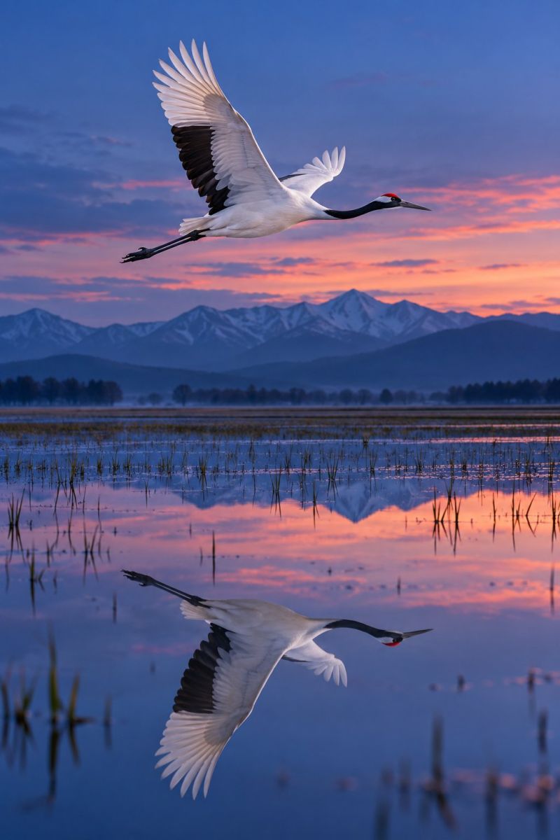 Oiseau grue vol eau ciel reflet montagnes coucher soleil nature faune zone humide soiree migration liberte beaute air horizon sauvagine Un grand oiseau blanc aux ailes noires et à la tache rouge sur la tête vole au-dessus d'un plan d'eau calme. Les ailes de l'oiseau sont largement déployées et son ombre se reflète à la surface de l'eau. L'eau est entourée de hautes herbes et, au loin, il y a des montagnes avec un ciel couchant. Le ciel est un mélange de bleu et d'orange, et les montagnes sont couvertes d'arbres et recouvertes de quelques plaques de neige.