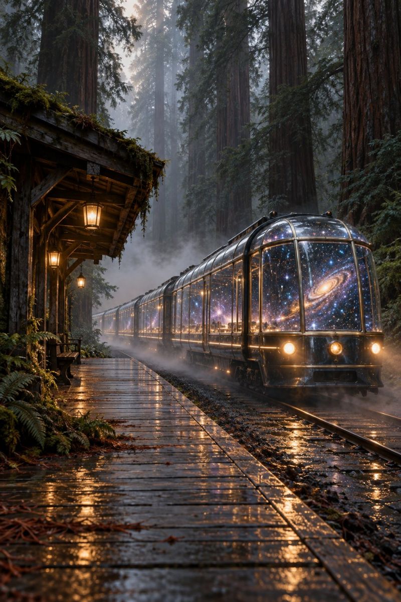Train station platform railway railroad rail track tracks A train with a glass dome on the front is traveling through a dense forest. The train is emitting steam and has lights on the front and sides. The train is on a wet track, and the area is surrounded by tall trees. A wooden platform with a bench and lamps is on the left side of the train. The platform is covered with moss and has a wooden roof. The sky is bright, and the sun is shining through the trees.