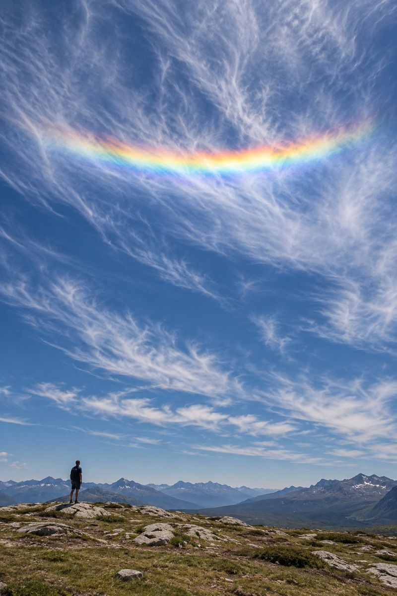 Sky rainbow clouds mountains nature outdoors horizon sunlight reflection atmosphere beauty scenery vista exploration adventure travel A person stands on a rocky hill under a clear blue sky with wispy clouds. They are looking up at a large, full rainbow that arches across the sky. The rainbow is vibrant and full of color, with red at the top and violet at the bottom. The person is wearing a backpack and shorts, suggesting they are on a hike or outdoor adventure. In the distance, there are mountains with snow-capped peaks, adding to the scenic beauty of the landscape.
