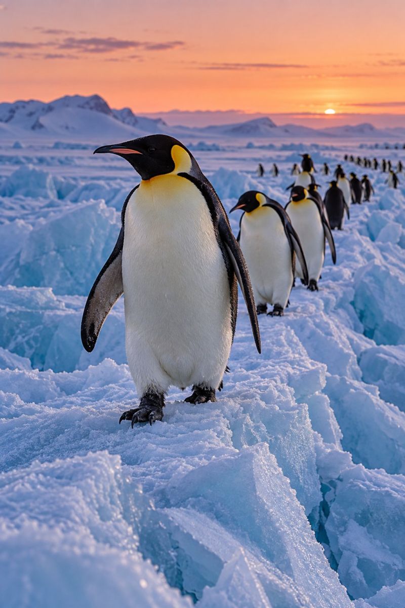 Pingouin glace neige faune antarctique nature animal oiseau mer ocean froid iceberg montagne ciel coucher soleil horizon groupe marche Un groupe de manchots empereurs se promène dans un paysage enneigé. Les pingouins ont la tête noire et des taches jaunes sur la poitrine. Ils marchent en ligne, le pingouin devant la caméra. Le ciel est orange et rose, ce qui indique le coucher du soleil. Au loin, il y a des montagnes couvertes de neige.