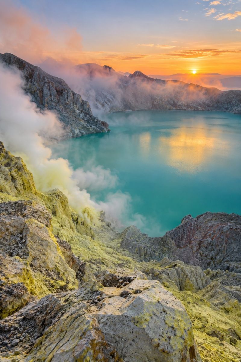 Mountain lake water sky sun sunset cloud rock volcano steam reflection nature geology geographic feature region area site point The image captures a breathtaking scene of a volcanic lake at sunset. The lake is surrounded by rugged, rocky cliffs with patches of yellow and green minerals. The water is a deep turquoise color, reflecting the warm hues of the setting sun. The sky above is a mix of orange and pink, with wisps of clouds adding to the dramatic effect. The sun is setting on the horizon, casting a golden glow over the entire landscape. The air is filled with steam and smoke, adding to the mystical atmosphere of the scene.