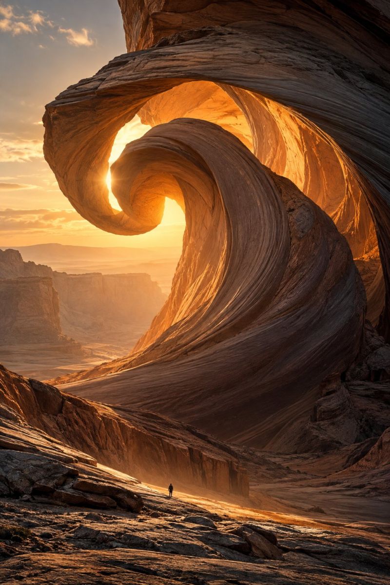 Coucher soleil desert nature air geologie roche falaise montagne ciel ombre voyage aventure exploration beaute formation une personne se trouve dans un vaste paysage désertique ouvert. Le soleil se couche et diffuse une lumière chaude et dorée qui met en valeur les formations rocheuses complexes en forme de vagues. Les rochers sont grands et présentent un motif en spirale qui semble s'éloigner. Le ciel est un mélange de teintes orange et rose, avec des nuages épars. La personne est petite par rapport à l'immensité du paysage, ce qui souligne la grandeur de l'environnement naturel.