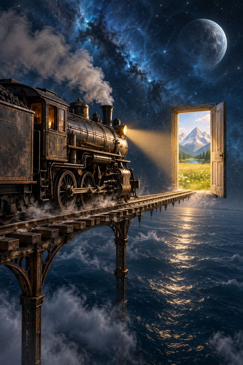 Train bridge steam night sky moon stars fantasy imagination dream journey adventure exploration mystery wonder inspiration creativity vision surrealis An old steam locomotive is traveling on a bridge over a body of water. The bridge is made of metal and has a rustic, worn appearance. The locomotive is emitting steam from its chimney, and there is a bright light shining from the front of the train. The sky is filled with stars and a large moon, and there is a door open on the bridge leading to a grassy field with mountains in the distance.