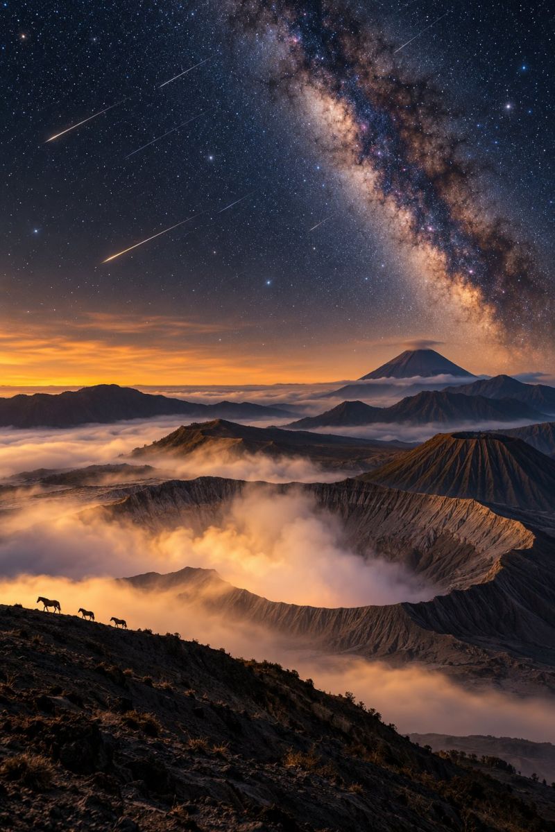 Mountains horses clouds stars astronomy sunset nature wilderness adventure exploration majestic night sky meteor shower milky way breathtaking night scene featuring a majestic mountain range under a star-studded sky. The Milky Way galaxy is prominently visible, stretching across the sky with its luminous, star-filled band. The night sky is dotted with numerous stars, and there are streaks of light that appear to be meteors or shooting stars. The horizon is painted with the warm hues of a sunset, transitioning into the deep blues of night. In the foreground, there are silhouettes of horses walking along a ridge, adding a sense of scale and life to the scene. The mountains are rugged and covered in a thin layer of fog, enhancing the mystical atmosphere of the landscape.