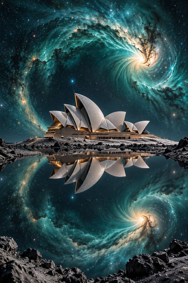 Architecture building cityscape cosmos design engineering futuristic galaxy iconic illumination modern night reflection roof sky space structure sydne The Sydney Opera House is depicted in a surreal, cosmic setting. The iconic building is surrounded by a vast, swirling galaxy with vibrant colors of blue, green, and yellow. The galaxy's spiral arms extend outward, creating a dramatic backdrop. The Opera House's distinctive sails are illuminated, reflecting off the water below, which mirrors the scene perfectly. The sky is filled with stars, and the overall scene gives a sense of being in a fantastical, otherworldly environment.