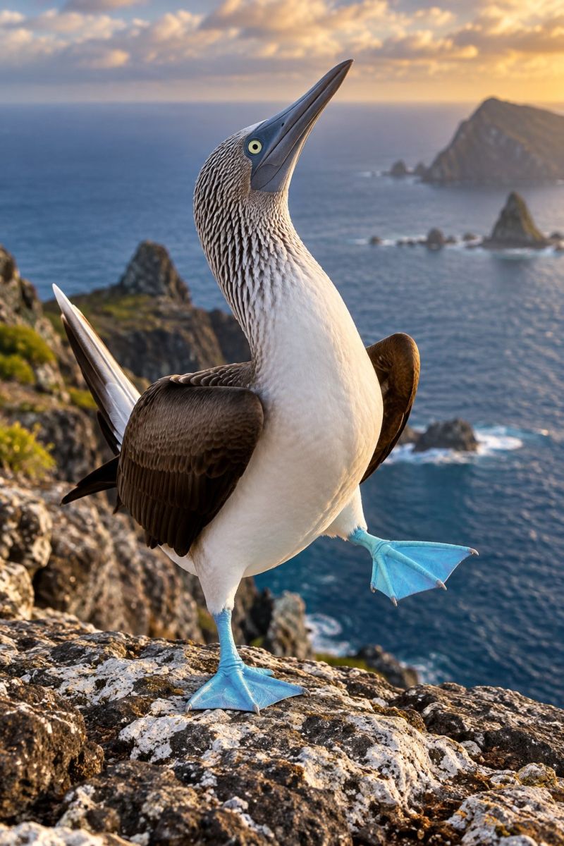 Oiseau faune nature ocean mer ciel rocher falaise ile animal marin rivage rochers falaises eau lever coucher soleil Un oiseau au long bec pointu et aux pieds bleus se dresse sur une falaise rocheuse surplombant l'océan. L'oiseau a un corps blanc avec des ailes et des plumes de la queue brunes. Les pattes de l'oiseau sont écartées et il semble regarder vers la gauche. L'océan est calme et de petites îles se trouvent au loin. Le ciel est nuageux et le soleil se couche.