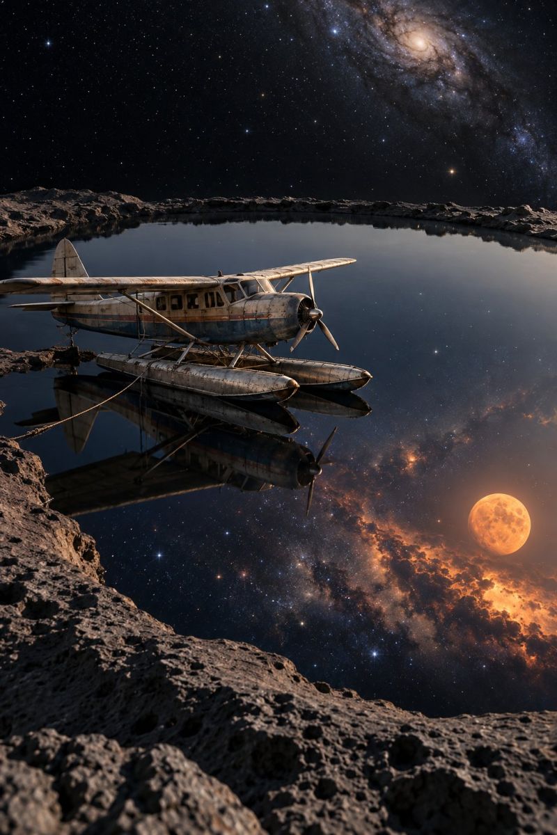 Water sky night moon reflection sea seaplane An old seaplane with floats is docked on a calm body of water, reflecting the night sky. The plane has a propeller on each side and is positioned in the center of the image. The water is dark and still, mirroring the sky above. The sky is filled with stars, and a bright moon is visible on the right side. The moon is surrounded by a faint glow, possibly from the Milky Way galaxy. The background features a rocky landscape with scattered rocks and a dark, starry sky.