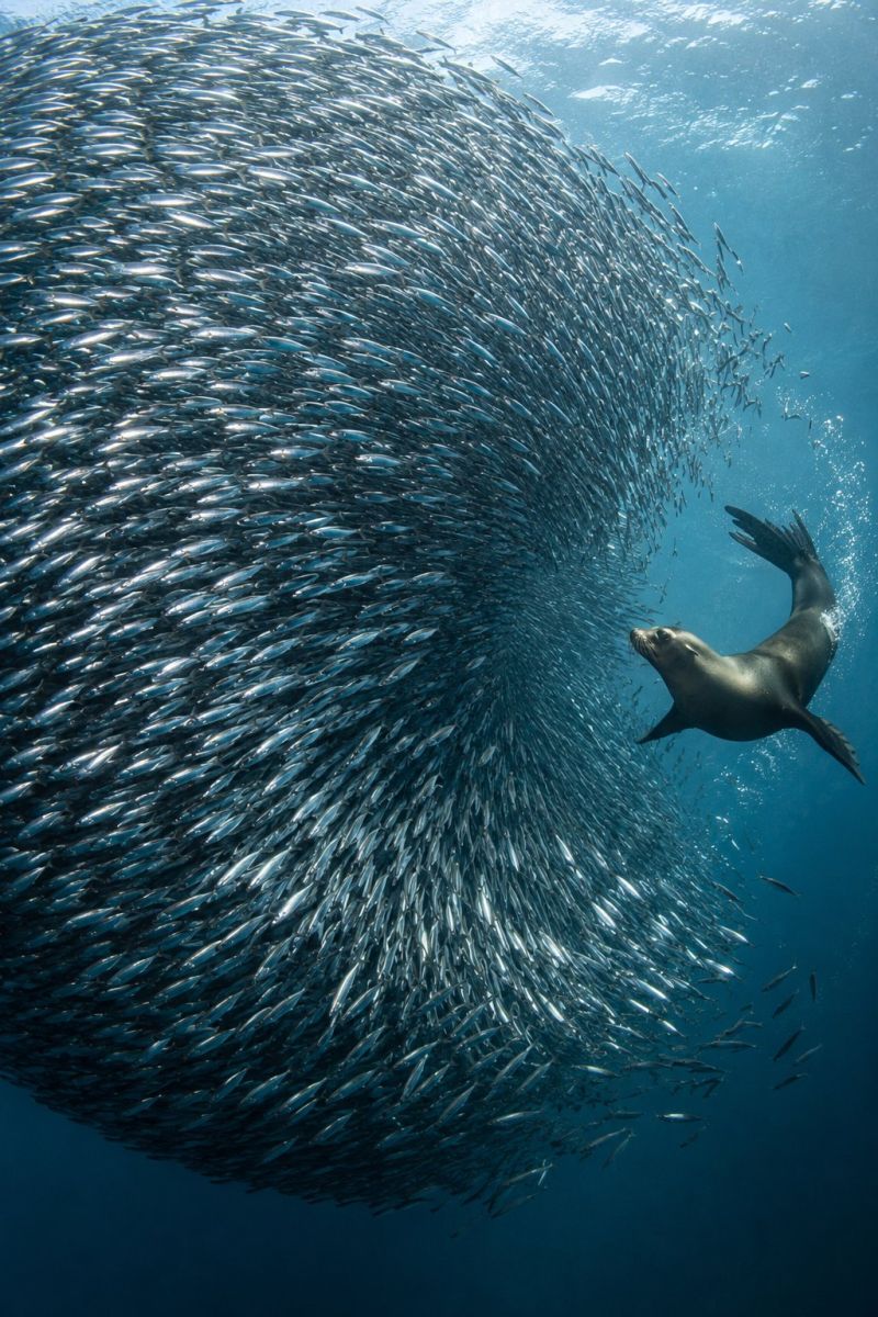 Mer ocean poisson sous marin baignade predateur proie faune nature aquatique phoque mammifere chasse vie animaux creatures lion un grand groupe de petits poissons, probablement des sardines, forment une formation circulaire serrée les uns contre les autres, créant ainsi une masse dense et tourbillonnante dans l'océan. Les poissons sont de couleur argentée, réfléchissent la lumière et leurs corps sont étroitement alignés, formant un motif dynamique et presque hypnotique. Sur le côté droit de l'image, une otarie nage vers le centre de cet essaim de poissons. Son corps élégant et ses nageoires sont visibles lorsqu'elle se déplace dans l'eau. La tête de l'otarie est tournée vers le poisson, ce qui indique qu'il est probablement en train de chasser. L'eau qui les entoure est d'un bleu profond, filtrée par la lumière du soleil, projetant une douce lueur sur la scène.