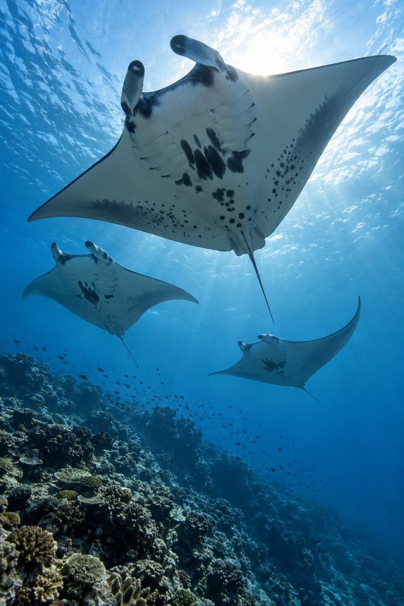 Ocean poisson sous marin mer soleil natation faune tropical aquatique recif nature bleu eau corail plongee exploration manta raie vie Trois grandes raies manta nagent gracieusement dans l'océan. La plus grande se trouve au centre, avec ses ailes distinctives à motifs noirs et blancs largement déployées. À gauche, une autre raie manta est légèrement plus petite et a également les ailes déployées. À droite, une troisième raie manta nage, légèrement plus petite que celle du centre. L'océan est bleu clair et l'eau est remplie de petits poissons. Le récif corallien situé en contrebas regorge de formations coralliennes variées et de petits poissons nageant.