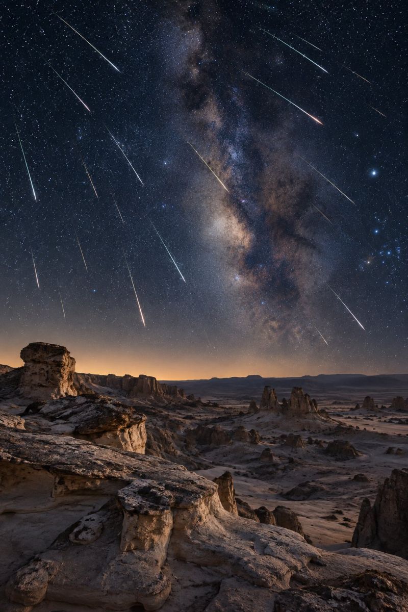 Night sky stars meteor astronomy universe space dark meteorite comet nighttime celestial cosmic cosmology astrophysics shower outer breathtaking night sky filled with numerous meteors streaking across the sky. The Milky Way galaxy is prominently visible, glowing softly and stretching across the sky. The sky is a deep, dark blue, and the stars are scattered throughout, creating a stunning celestial scene. The foreground features a rugged desert landscape with rocky outcrops and a horizon that fades into the distance. The scene is illuminated by the soft, warm glow of the setting sun, casting a golden hue over the rocks and sky.